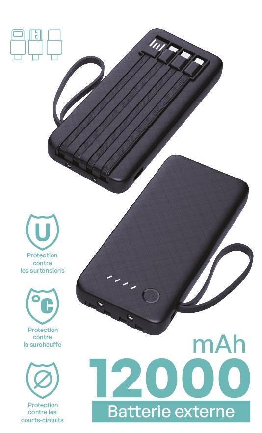 Batterie externe 12000mAh Câbles 4 en 1 integrés