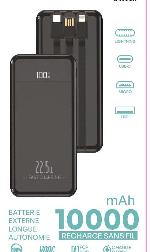 Batterie externe 10000mAh Câbles 4 en 1 integrés